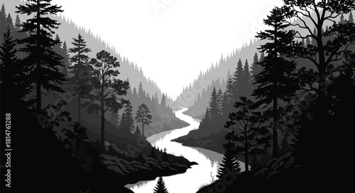 Dramatic black and landscape featuring a winding river carving its path through a dense, forested valley