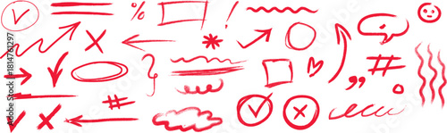 Red hand drawn doodle elements and symbols on white background