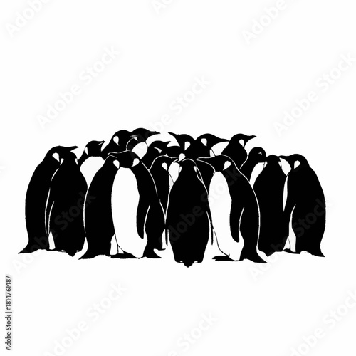 Black and white vector illustration of a penguin colony huddled together.