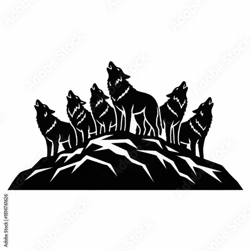 Silhouette of a pack of wolves howling on a rocky mountain peak.