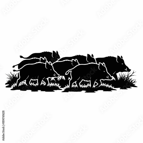 Dynamic black silhouette of a wild boar herd running together.