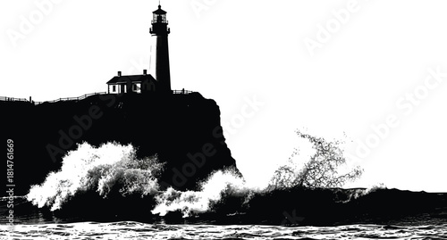 Lighthouse a cliff with crashing waves, in stark black and silhouette