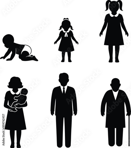 Human life stages silhouette illustration from infant to elderly person