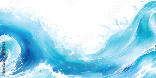 Abstract blue water waves splash beneath a bright clear sky with white clouds in the summer atmosphere