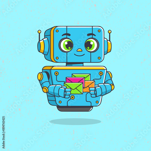Cute robot with blue color holding or sending a letter in a playful flat vector style. Perfect for mail service themes, messages, communication icons, kids illustrations, and tech designs.