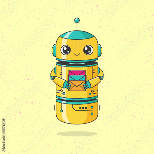 Cute robot with golden color holding or sending a letter in a playful flat vector style. Perfect for mail service themes, messages, communication icons, kids illustrations, and tech designs.