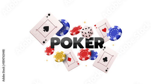 Colorful poker chips, playing cards, and dice on white background