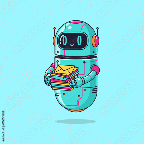 Cute robot with cyan color holding or sending a letter in a playful flat vector style. Perfect for mail service themes, messages, communication icons, kids illustrations, and tech designs.
