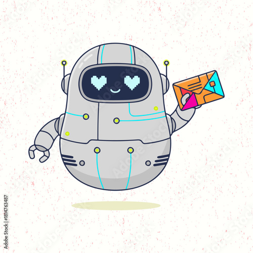 Cute robot with gray color holding or sending a letter in a playful flat vector style. Perfect for mail service themes, messages, communication icons, kids illustrations, and tech designs.