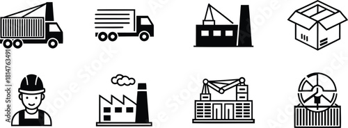 Industrial and construction icons set in black and white style