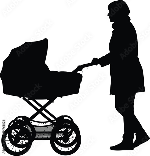 Silhouette of a woman pushing a baby stroller, depicting motherhood, childcare, and family life