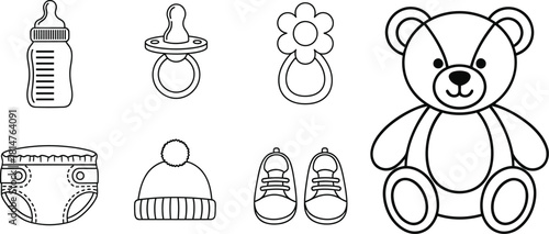 Baby items outline collection bottle pacifier rattle teddy bear diaper