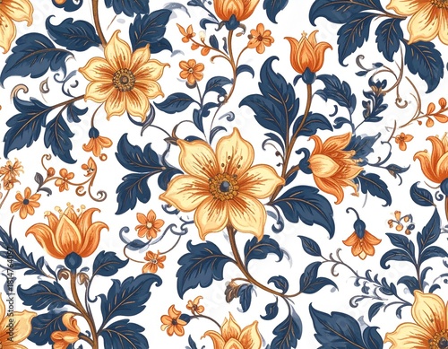 Wallpaper Mural Ornate Floral Pattern with Deep Blues and Warm Oranges Torontodigital.ca