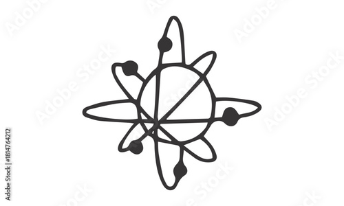 A hand-drawn black and white abstract illustration of an atom or a celestial body with orbiting particles, resembling a scientific diagram or a cosmic symbol.