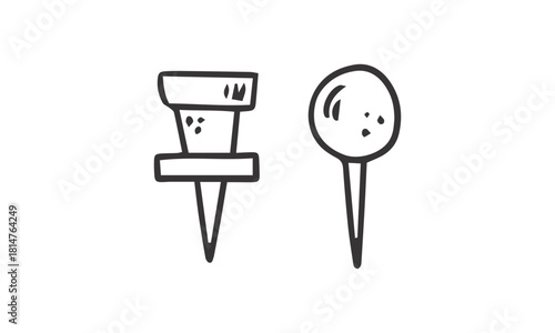 Hand-drawn doodle illustration of two different types of pushpins, a flat-top tack and a round-head thumbtack, isolated on a white background.