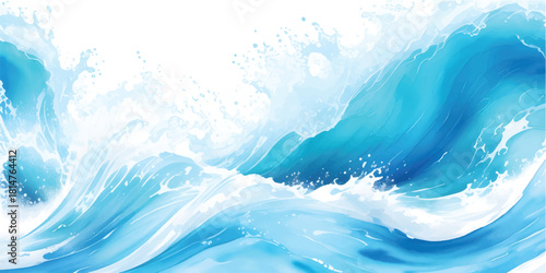 A vibrant blue ocean water wave illustration reflecting the sky and sun against a vast nature landscape with soft clouds