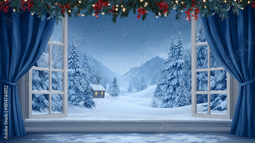 Snowy winter landscape view from a cozy cabin window showcasing snow-covered trees and mountains. Winter background for photo studio.