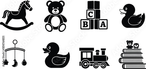 Black and white silhouette illustration of baby toys and objects