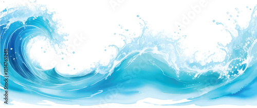 Blue abstract water splash and wave with transparent bubbles on a clean, fresh liquid surface backdrop