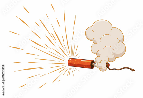 Illustration of a Lit Firecracker with Sparks and Smoke Against a Simple White Background