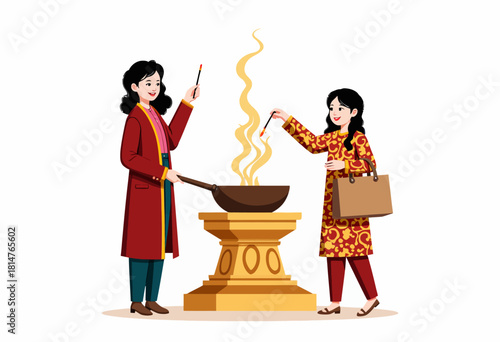 Two women in traditional attire engaging in a cultural ritual with incense sticks at a decorative altar, symbolizing spirituality and celebration