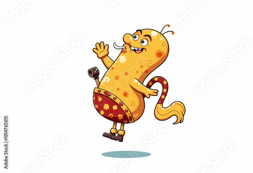 Vibrant Cartoon Character with Spotted Body and Spiraling Tail Waving Cheerfully in White Background