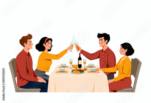 Group of Four Friends Enjoying a Celebratory Toast Over Dinner, Sitting Around a Table with Wine and Food, Engaged in Conversation and Laughter