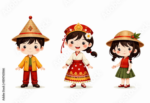 Illustration of Three Children in Diverse Traditional Outfits Showcasing Cultural Heritage with Colorful Textiles, Intricate Patterns, and Iconic Accessories