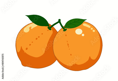 Illustration of Two Vibrant Oranges with Green Leaves on a White Background Showcasing Their Freshness and Juicy Appeal in Simple Artistic Style