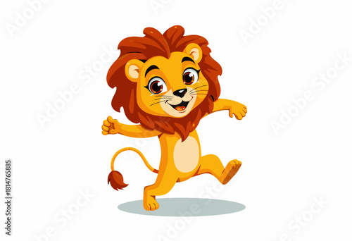 Cheerful Cartoon Lion Character with a Big Smile Joyfully Walking Forward on White Background