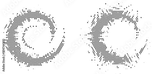 Set of two halftone spiral variations with dotted swirling motion and abstract vortex shapes, modern dynamic radial designs ideal for creative graphics, tech visuals, and decorative patterns
