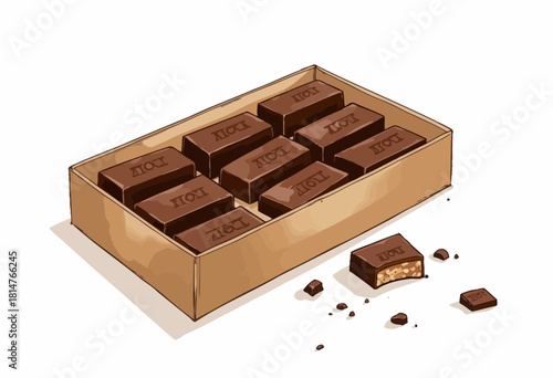 Rectangular Chocolate Bar Collection in an Open Cardboard Box with Cocoa Crumbs and One Piece Partially Eaten Showing Almond Filling