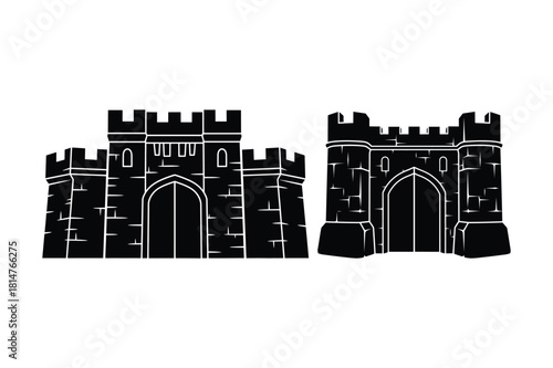 Silhouette of two imposing medieval castle gates with crenellated battlements