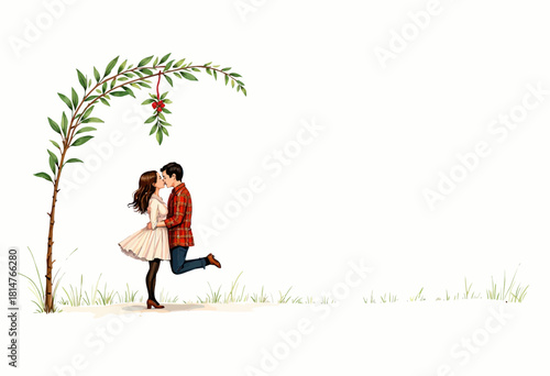 A romantic moment captured under a whimsical arch adorned with greenery where a couple shares a tender kiss, symbolizing love and connection in a minimalist illustration