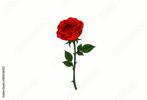 Elegant depiction of a vibrant red rose with intricate layers of petals accompanied by detailed green leaves against a minimalist white background.
