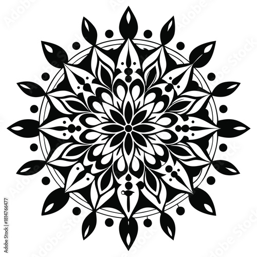 floral mandala with droplet shaped element black and white silhouette