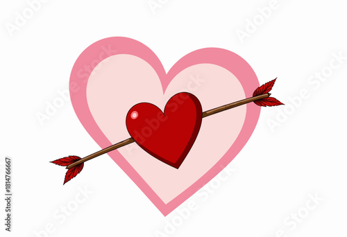 Romantic Red Heart Pierced by Cupid's Arrow on Pink Heart Background Symbolizing Love and Affection in Simple Artistic Illustration