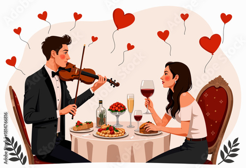 Elegant Dinner Date with Romantic Violin Serenade and Heart Balloons Enhancing the Intimate Atmosphere