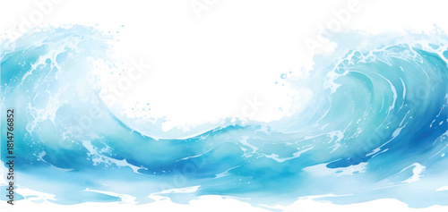 Blue water splash and wave abstract on a bright, clear summer day with light clouds in the sky