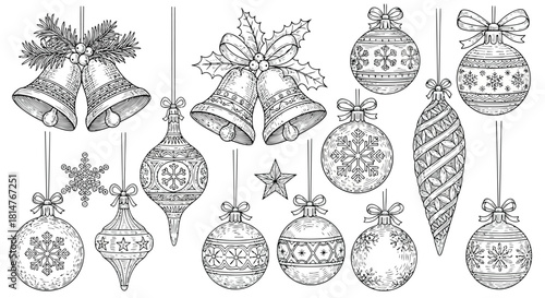 Hand drawn christmas decoration set isolated on, bells, balls, stars and holly berries