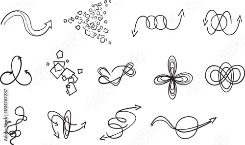Abstract scribble arrow elements hand drawn doodle shapes chaotic flow and motion signs