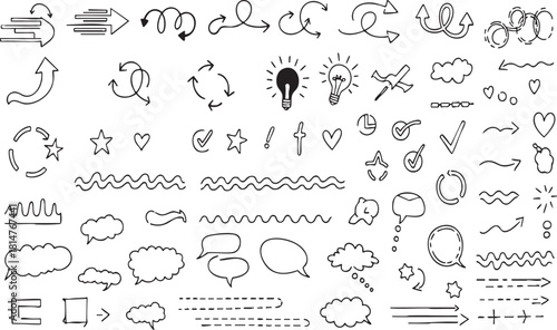 Creative doodle wavy lines arrows dashed dividers and speech bubbles sketch vector collection
