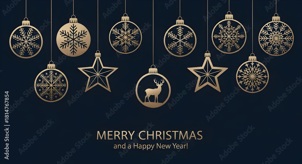 Fototapeta premium Merry Christmas greeting card with hanging ornament balls