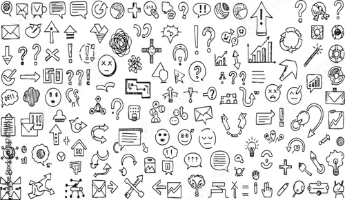 Hand drawn set of scribble icons arrows speech bubbles emoticons and graphic design elements