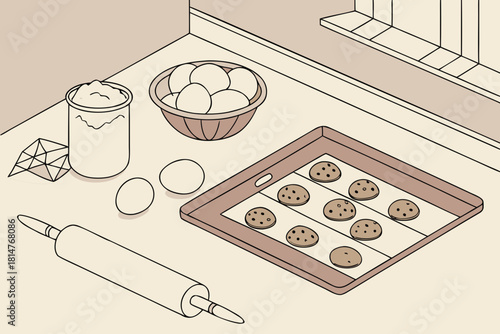 Cookies baking on a tray, near eggs, rolling pin and flour