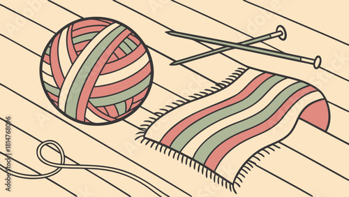 Knitting supplies arranged on wooden surface