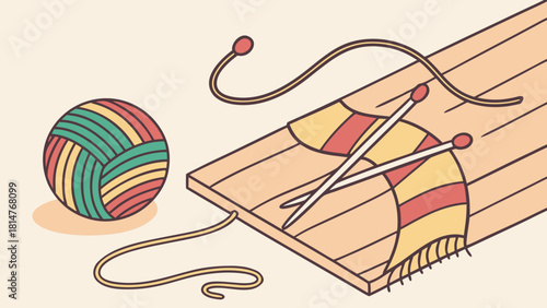 Knitting craft with wool ball and needles on wooden table 