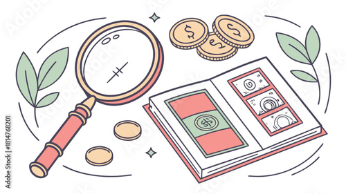 Illustration of money, magnifying glass, and financial analysis concept
