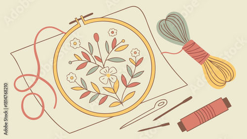 Embroidery floral with tools on the table, craft, art, hobby, leisure time concept