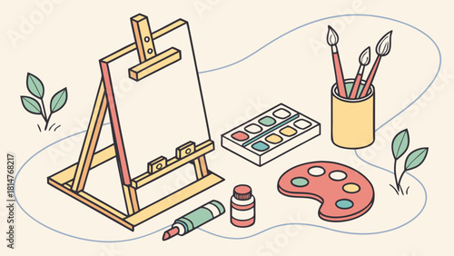 Art studio still life with various painting equipment